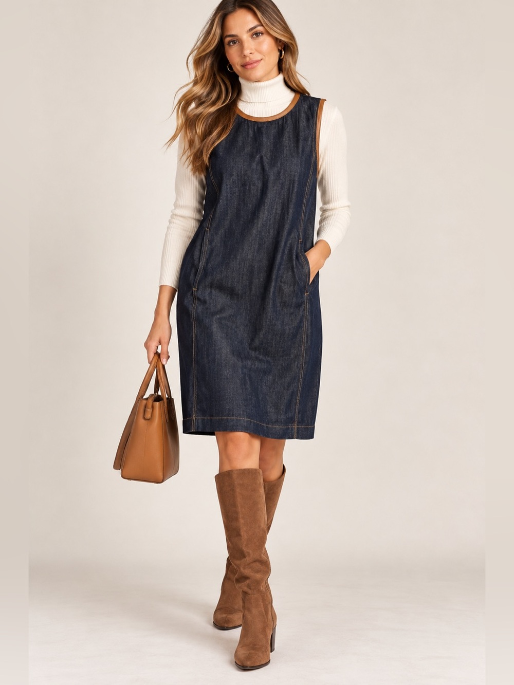 Lauren Ralph Lauren Denim Sheath Dress Size 6 Leather Trim